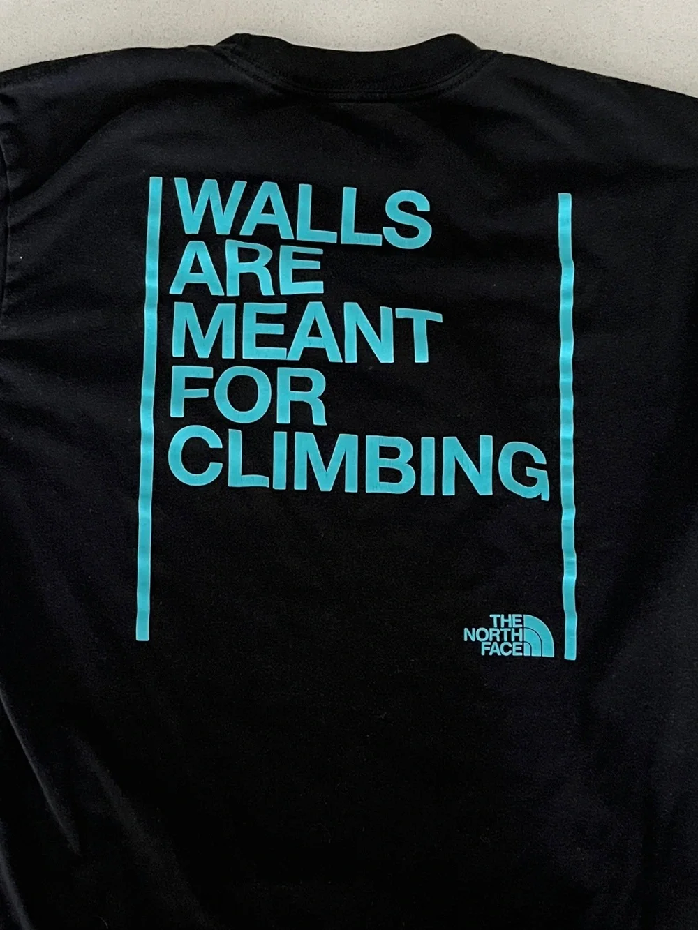 The North Face Black Tee with Teal Graphic 'Walls Are Meant For Climbing'